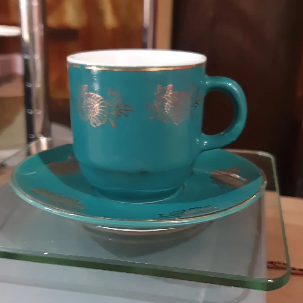 Asian Inspired Design Teal Ceramic Cup and Saucer Set - Picture 4 of 11